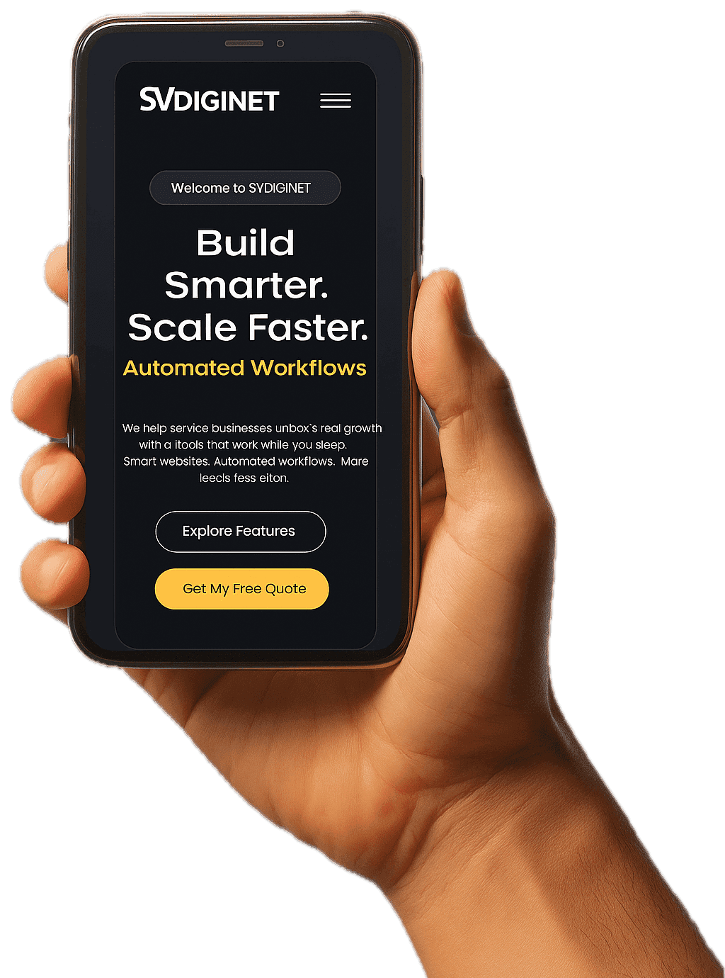 Hand holding smartphone displaying SVDIGINET homepage with tagline: Build Smarter. Scale Faster.